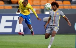 Thapelo Morena (L) opened the scoring for Mamelodi Sundowns of South Africa in an 8-1 rout of La Passe of the Seychelles in a CAF Champions League qualifier.