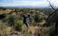 Conservationist Eamon Harrity walks near the US-Mexico border to collect images from a trap camera