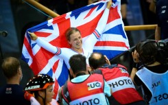 Britain's Neah Evans celebrates her first major title in the women's points race at the Track Cycling World Championships