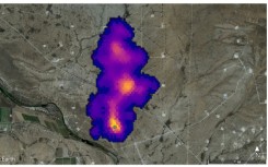 This handout satellite image from NASA/JPL-Caltech shows a methane plume two miles (3.3 kilometers) long that NASA's Earth Surface Mineral Dust Source Investigation mission detected southeast of Carlsbad, New Mexico
