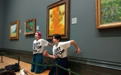 Two protesters hit Vincent van Gogh's 'Sunflowers' with tomato soup in London, but the painting was unharmed