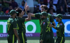 Pakistan's Shaheen Shah Afridi (C) celebrates his wicket of Bangladesh's Taskin Ahmed