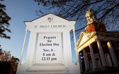 A sign displays "Prayers for Election Day" at St. Paul’s Church in Charlottesville, Virginia, on the eve of the US midterm elections