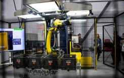 The sparrow robot is able to pick up unpackaged items to sort them at Amazon's BOS27 Robotics Innovation Hub in Westborough, Massachusetts on November 10, 2022