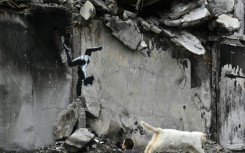The image of a gymnast performing a handstand amid the ruins of a demolished building in the town of Borodyanka northwest of the Ukrainian capital Kyiv