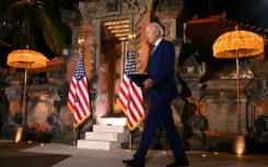 US President Joe Biden was upbeat at a nighttime press conference in a tropical Bali garden