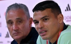 Brazil coach Tite (L) with skipper Thiago Silva at a press conference in Doha on Wednesday
