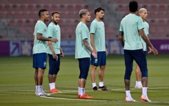 Neymar (2nd L) with his Brazil teammates at training in Doha on Wednesday