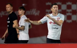Polish forward Robert Lewandowski in training in Qatar