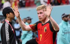 Belgium midfielder Kevin De Bruyne waves to the fans after the Qatar 2022 World Cup Group F football match between Belgium and Canada
