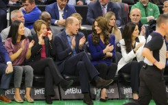 (L-R) Mayor of Boston Michelle Wu, Governor-elect Maura Healey, Britain's Prince William, Catherine, Princess of Wales and Emilia Fazzalari wife of Celtics owner Wyc Grousebeck attend the National Basketball Association game between the seventeen-time World Champion Boston Celtics and the Miami Heat at TD Garden in downtown Boston,on November 30, 2022