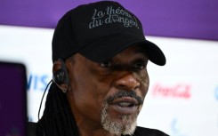 Cameroon coach Rigobert Song speaking to reporters in Doha on Thursday