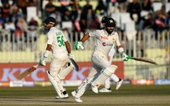 Pakistan captain Babar Azam and teammate Mohammad Rizwan running between the wickets in Rawalpindi on Saturday