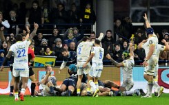 Clermont celebrate Loic Godener's try against Montpellier
