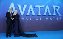 Canadian filmmaker James Cameron and Suzy Amis Cameron pose on the red carpet at the world premiere of 'Avatar: The Way of Water'