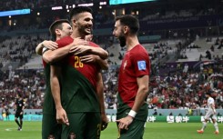 Portugal forward Goncalo Ramos (front) celebrates with team-mates after scoring against Switzerland