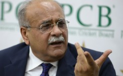 Najam Sethi speaking to a press conference when he was Pakistan Cricket Board Chairman in 2017