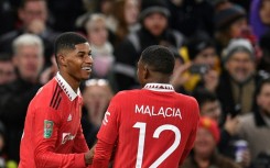 Marcus Rashford (L) celebrates after scoring during this week's League Cup win over Burnley