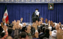Iran's Supreme Leader Ayatollah Ali Khamenei giving an address before visitors from the city of Qom in the capital Tehran on January 9, 2023