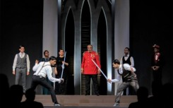 Actors perform in a production of William Shakespeare's 'Hamlet', in war-torn Yemen's southern city of Aden