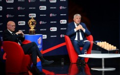 Bernard Laporte and Claude Atcher at the Rugby World Cup draw held in December 2020