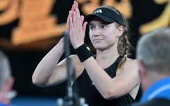 Elena Rybakina celebrates after her victory against Victoria Azarenka