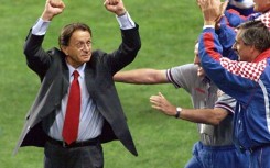 Miroslav Blazevic celebrating after Croatia beat the Netherlands at the Parc des Princes in Paris to take third place in the 1998 World Cup 