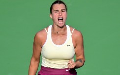 Australian Open champion Aryna Sabalenka celebrates a point in her semi-final victory over Greece's Maria Sakkari at Indian Wells
