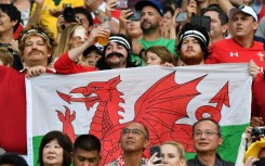 Supporters hold a Wales flag at the 2019 Rugby World Cup