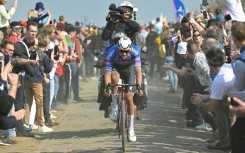 Dutch rider Mathieu van der Poel on his way to a major success at Roubaix