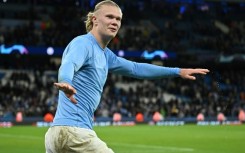 Manchester City striker Erling Haaland celebrates after scoring against Bayern