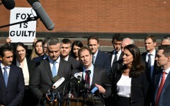 Justin Nelson and fellow members of the Dominion Voting Systems legal team after Fox News settled a defamation case brought by the company