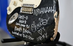 The late rockstar Kurt Cobain's smashed Fender Stratocaster on display at Julien's Auctions in Gardena, California