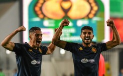 Mohamed Ali Ben Hammouda (R) celebrates one of his four CAF Champions League goals for Tunisian club Esperance this season.