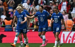 Key goal - Australia striker Sam Kerr (C) celebrates after scoring the opener in Chelsea's x-x win over Manchester United in the English women's FA Cup final at Wembley