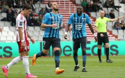Amine Gouiri (2ndL) celebrates after scoring one of his three goals as Rennes won 5-0 at Ajaccio