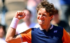 Moving on: Norway's Casper Ruud celebrates after defeating China's Zhang Zhizhen 