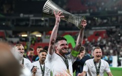West Ham midfielder Declan Rice celebrates after winning the Europa Conference League trophy