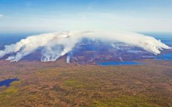 This aerial image, courtesy of the Nova Scotia Government in Canada, shows the magnitude of the fire in Shelburne County on May 31, 2023