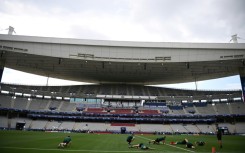 The match officials for Saturday's Champions League final warm up on the pitch of the Ataturk Olympic Stadium in Istanbul