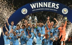 Manchester City's treble winners celebrate after the Champions League final