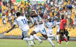 Central African Republic captain Geoffrey Kondogbia (C) reacts after equalising against Angola in an Africa Cup of Nations qualifier in Douala. 
