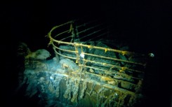 A handout image taken during the historical 1986 dive, courtesy of WHOI (Woods Hole Oceanographic Institution) and released February 15, 2023, shows the Titanic bow
