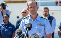 US Rear Adm. John Mauger, the First Coast Guard District commander, speaks at a press conference at the US Coast Guard Base Boston in Boston, Massachusetts, on June 22, 2023