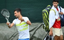 Close quarters: Carlos Alcaraz watches Novak Djokovic train at the All England Club on Sunday
