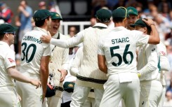Australia celebrate the wicket of England's Jonny Bairstow for 10 runs on day five of the second Ashes cricket Test at Lord's in London