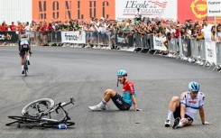 Dutch rider Fabio Jakobsen (R) fell hard at Nogarp