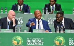 FIFA president Gianni Infantino (left), CAF president Patrice Motsepe (centre) and CAF secretary general Veron Mosengo Omba (right) at the CAF 45th Ordinary General Assembly in Abidjan on Thursday
