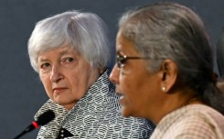 US Treasury Secretary Janet Yellen (L) listens to India's Finance Minister Nirmala Sitharaman during a press conference at a G20 meeting of finance and central bank chiefs