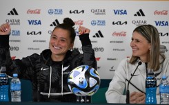 New Zealand captain Ali Riley (L) and coach Jitka Klimkova speaking at a press conference at Eden Park in Auckland on Wednesday